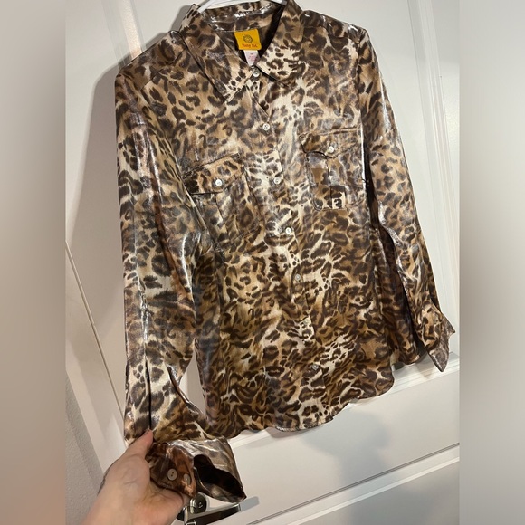 Ruby Rd. Womens Brown Leopard Print Roll Tab Sleeves Button Front Shirt Size 12 - Picture 1 of 10